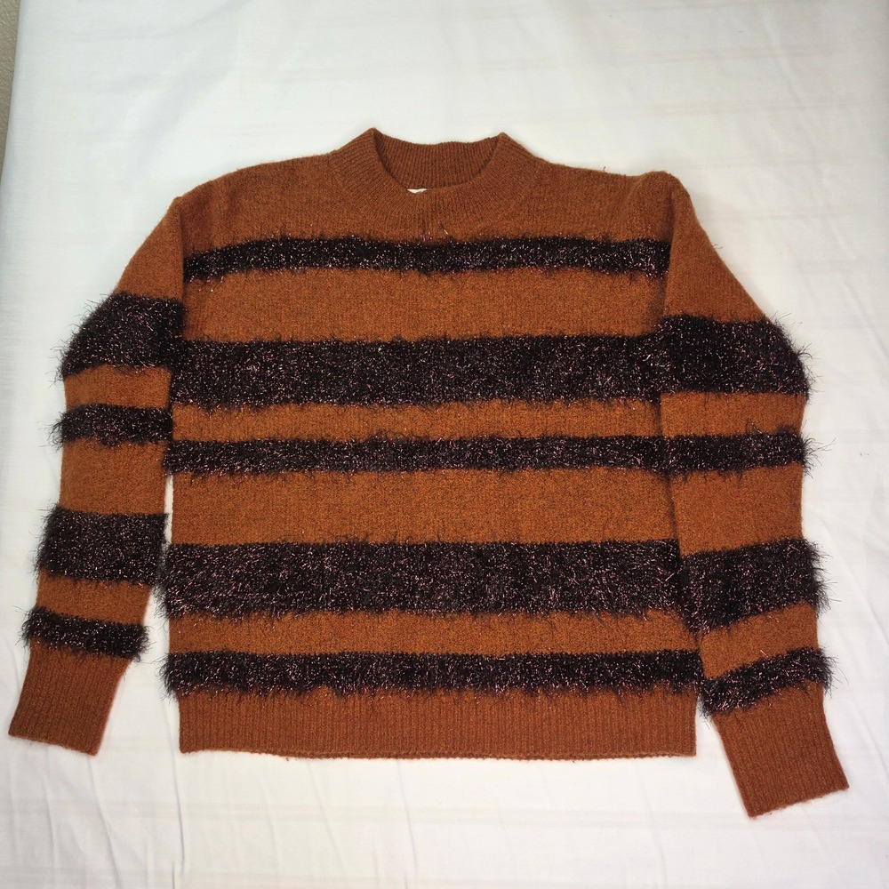 Madewell Tinsel-Stripe Pullover Crew Neck Sweater Brown Orange RN77388